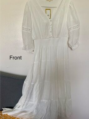 White V-Neck Tiered Midi Dress with Smocked Waist